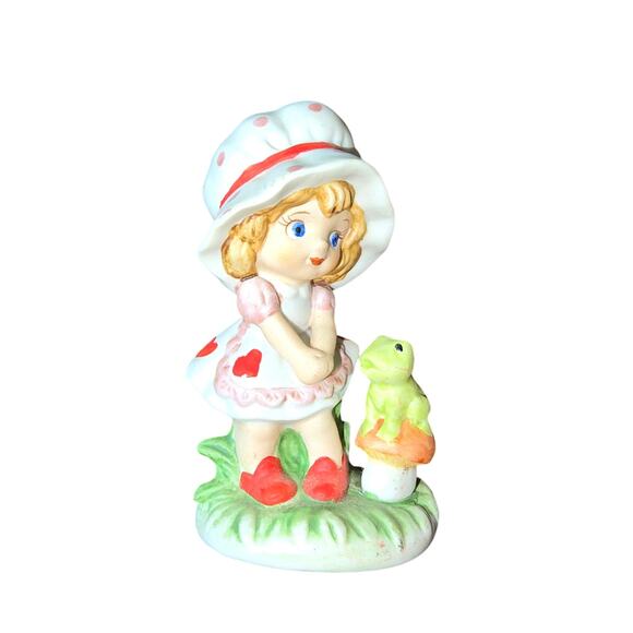 Lefton Porcelain Girl with Frog Figure Strawberry Shortcake Style - Picture 1 of 7